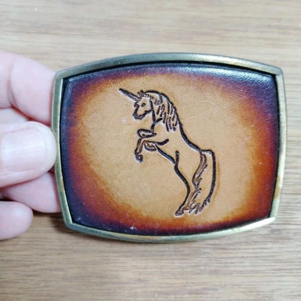 Vintage Unicorn Belt Buckle Leather Brown USA Mystical Fantasy Magical Carved
